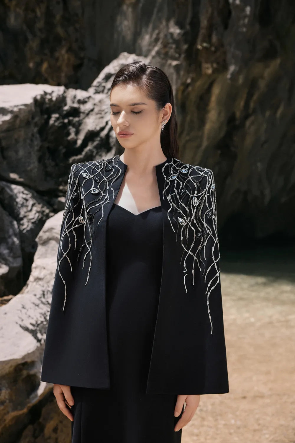 Wavy Crystal Embellished Cape And Semi Heart Chest Dress Set